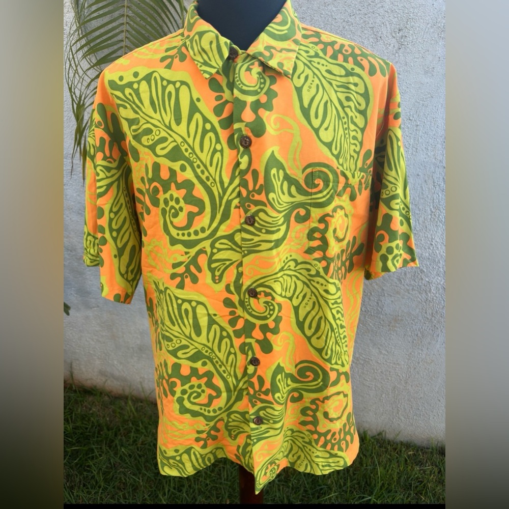 PreOwned Manuhealii Hawaiian Print Orange/Green Full Button Men's 2XL
